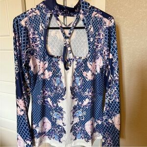 VENUS Navy and Peach Floral Blouse